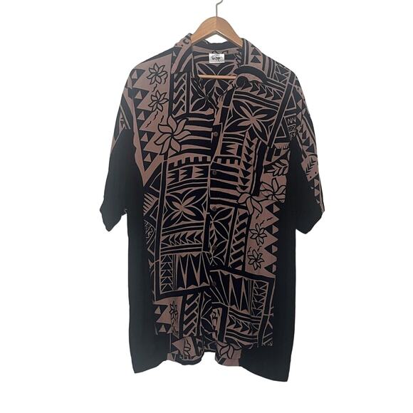 Missing Polynesia Men’s XL Brown Black Hawaiian Aloha Button Up Rayon Shirt - Picture 1 of 5